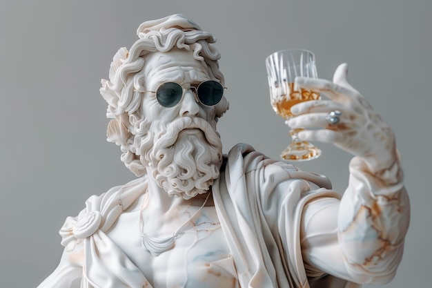 Witte sculptuur van Zeus met een zonnebril en een glas whisky in de hand Closeup