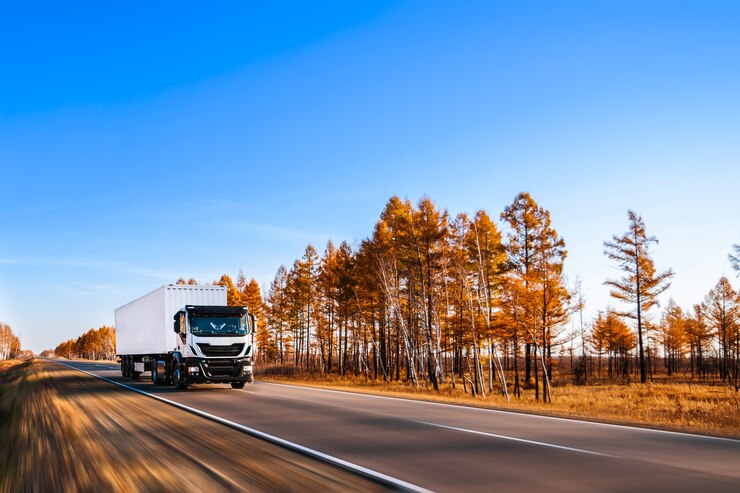Witte semi-vrachtwagen met container op herfstweg