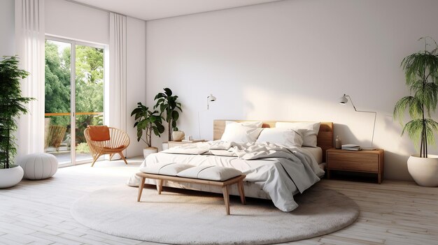 Witte slaapkamer interieur Scandinavisch ontwerp 3D rendering Generatieve AI