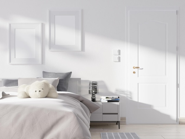 Witte slaapkamer interieur. Scandinavisch ontwerp. 3D-weergave