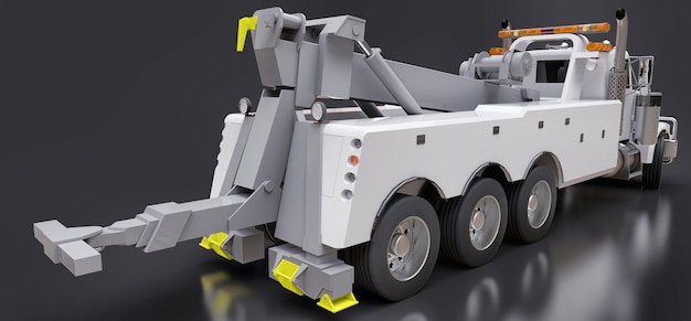 Witte sleepwagen om andere grote vrachtwagens of verschillende zware machines te vervoeren. 3D-rendering.