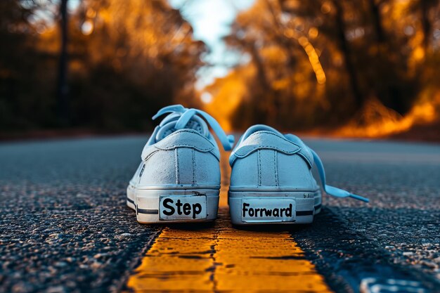 Witte sneakers met de woorden stap naar voren geschreven op de hiel geplaatst op een weg met een levendige