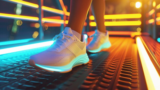 Witte sneakers op loopband Cardio Fitness en actieve levensstijl