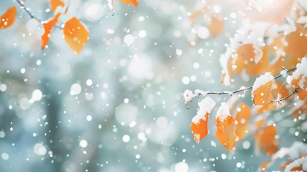 Foto witte sneeuw in onscherp herfstbos met groene en oranje boombladeren schoonheid van de natuur generatieve ai