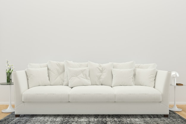 Foto witte sofa muur tapijt grijze houten vloer achtergrond