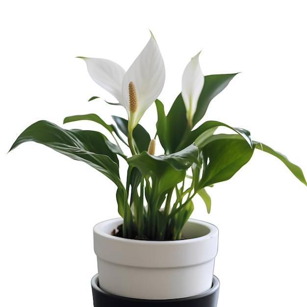 Witte spathiphyllum bloem in pot geïsoleerd op witte achtergrond