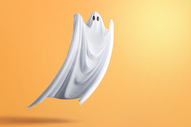 Witte spook die rondspoken met een gekleurde achtergrond. halloween-concept
