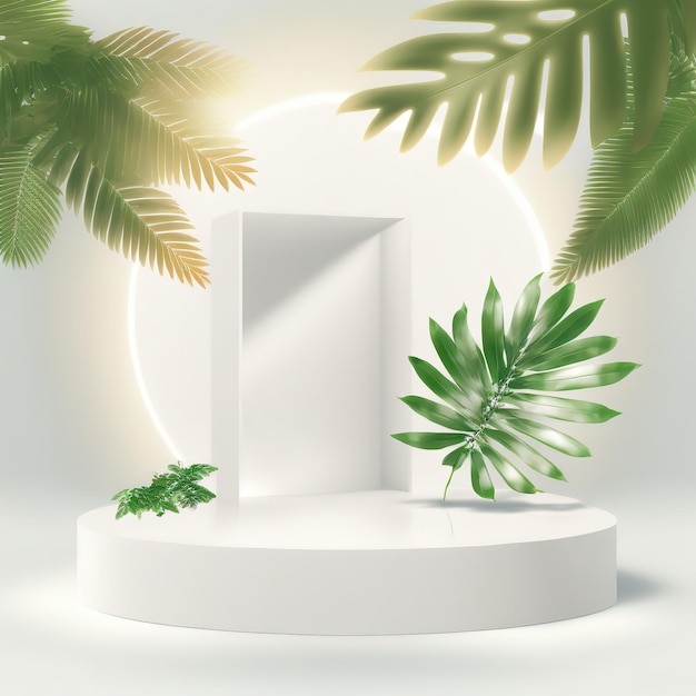 Witte standaard voor het weergeven van goederen op een witte achtergrond en groene palmbladeren 3d illustratie