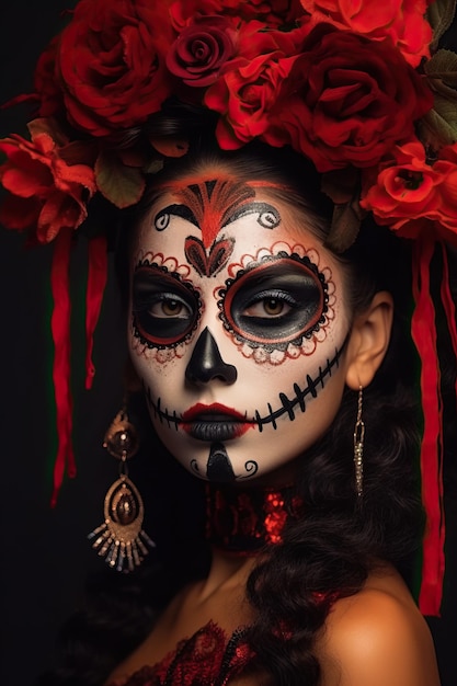 Witte suikerschedel Dia De Los Muertos op poster voor Halloween-feest met creatieve make-up