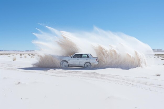 Witte SUV met Blurred Motion Effect Rijden op witte Sandy Desert Road Zand vult de lucht