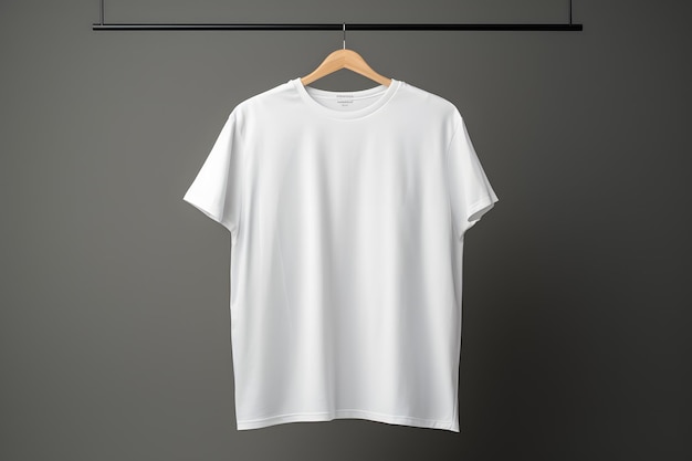 Witte t-shirt die op een houten kledingrek hangt Mockup voor ontwerp Generatieve AI