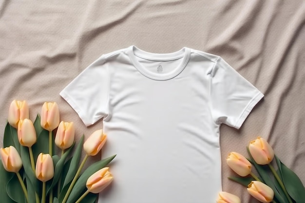 Witte t-shirt mock-up voor branding in het midden van de afbeelding tulpen aan de randen van de afbeelding