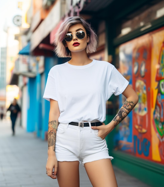 Witte t-shirt mockup stijlvol meisje op straat boho vrouw met tatoeages zonnebril t-shirt sjabloon