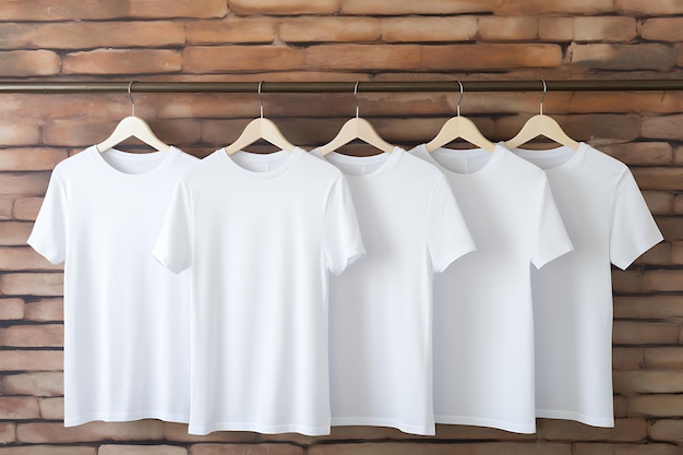 Foto witte t-shirts hangen op een jasrek op een stenen muur.