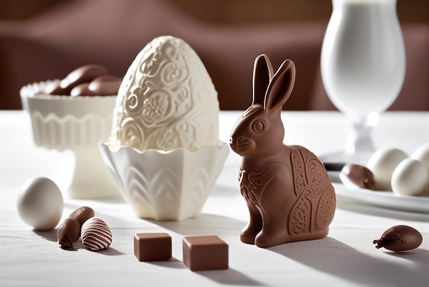 witte tafel gevuld met paaschocolade en konijn