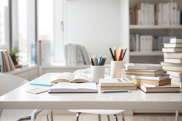 Witte tafel met boeken, briefpapier en kopieerruimte in een wazige studeerkamer