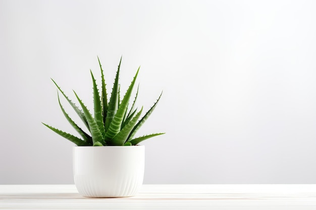 Witte tafel met een aloë vera-plant op het vooraanzicht en biedt ruimte voor tekst of mockup