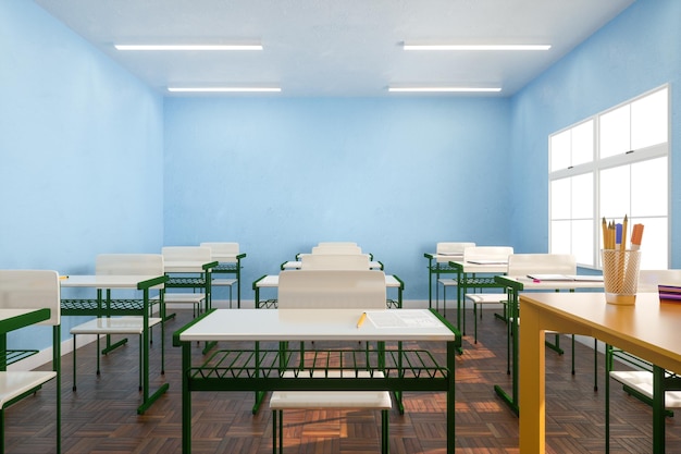 Witte tafels en stoelen in rijen bij het raam in een zonovergoten klaslokaal met blauwe muren. 3D render
