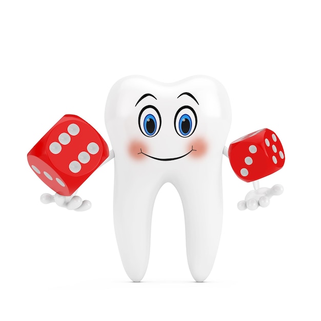 Witte tand persoon karakter mascotte met rode spel dobbelstenen kubussen tijdens de vlucht op een witte achtergrond 3d-rendering