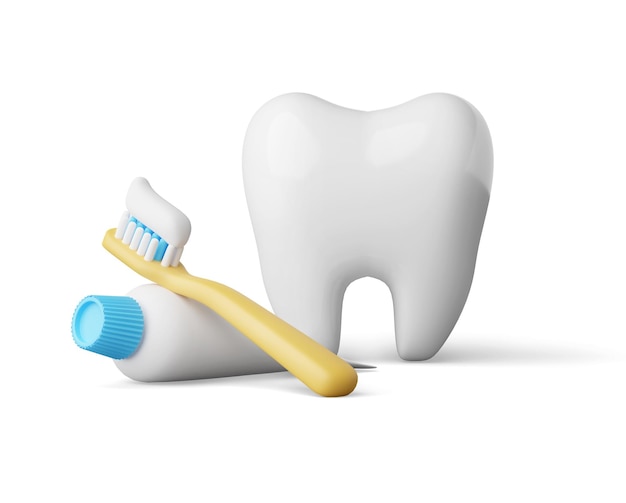 Witte tanden schattige cartoon stijl met gele tandenborstel en tandpasta buis witte achtergrond 3d render