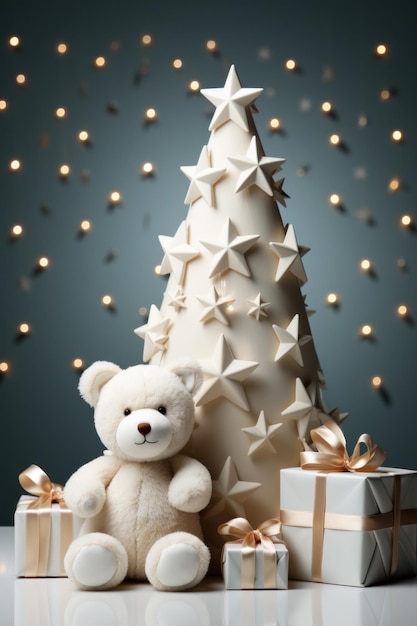 Witte teddybeer zit naast de kerstboom