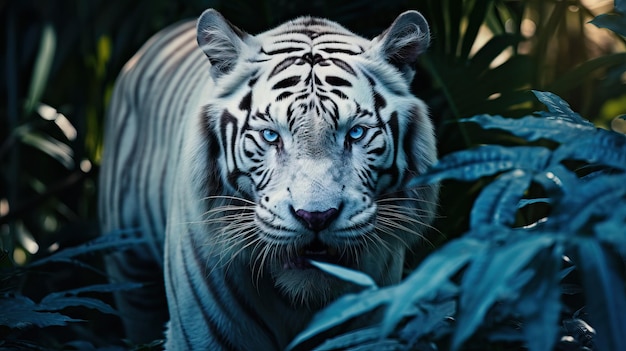 Witte tijger met mooie blauwe ogen in het bos