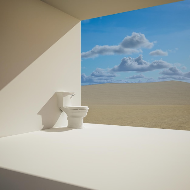 Witte toiletpot op blauwe lucht en groen gras achtergrond kopie ruimte 3d illustratie