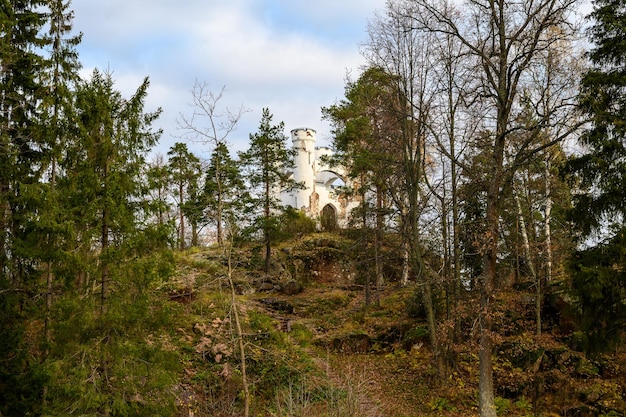 Witte torentjes van de kapel in Ludwigsburg Park mon repos in Vyborg op de achtergrond van blauwe lucht