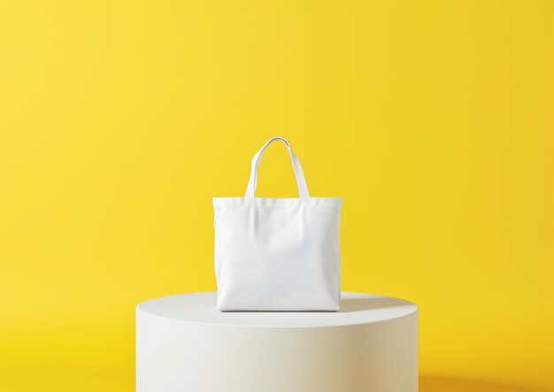 Foto witte tote-tas op een wit podium met een gele achtergrond