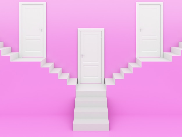 Witte trap met witte deur in roze, 3D-rendering