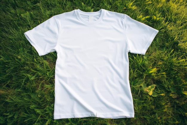 Witte tshirt mockup groen gras Model katoen Genereer Ai