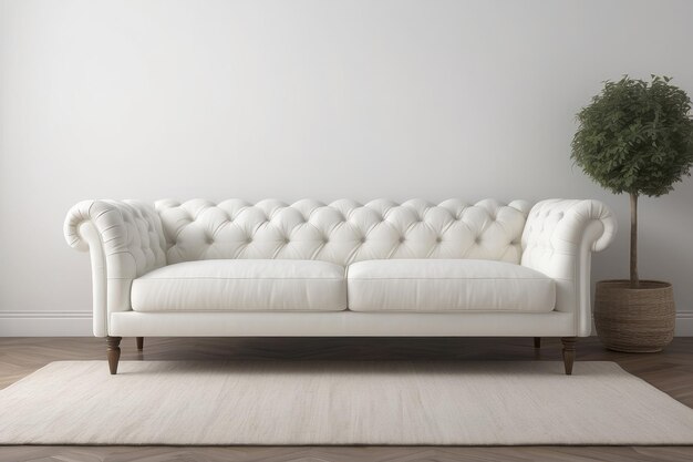 Witte tufted sofa bank Mid-Century Moderne woonkamer Leeg lege muur kopieerruimte