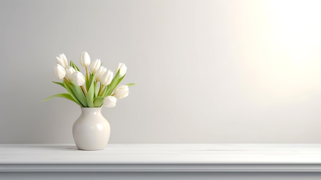 witte tulpen in vaas op tafel tegen een witte muur productdisplay plank fotografie presentatie