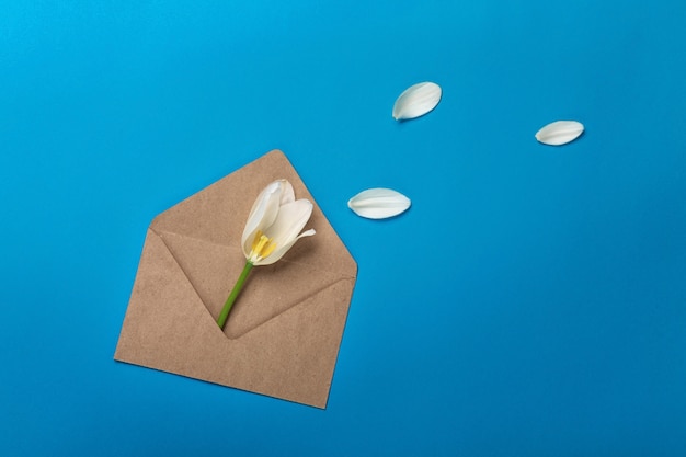 Witte tulpen met bloemblaadjes, een liefdesbrief en een envelop op een blauwe achtergrond