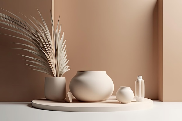 Witte vaas en plant op een houten tafel Generatieve AI