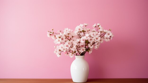 Witte vaas gevuld met witte bloemen op een tafel naast een roze muur en een roze muur op de achtergrond