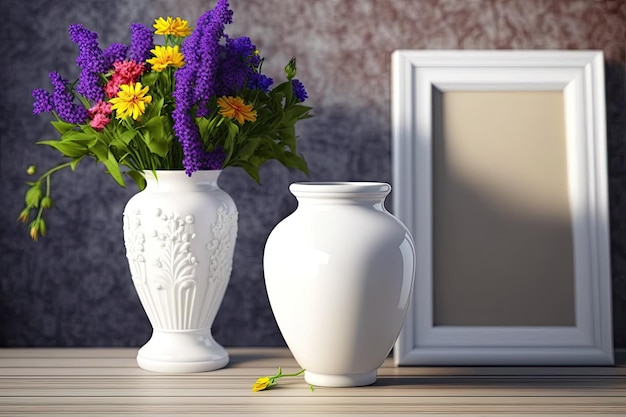 Witte vaas met bloemen interieurdecoratie dicht bij muur kleurrijk groen paars violet geel bg