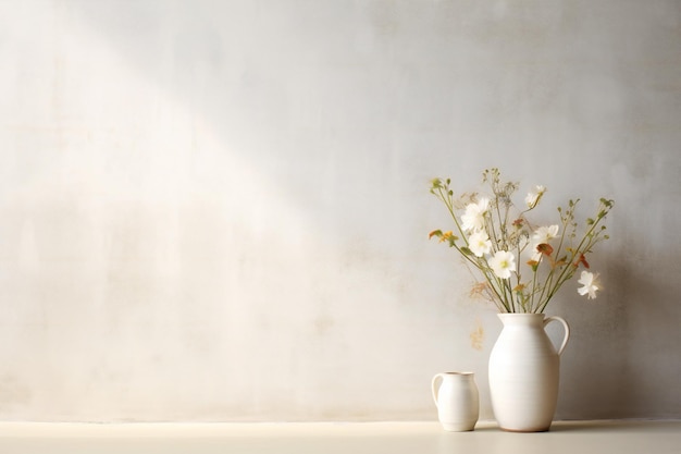 Witte vaas met prachtige bloemen op tafel bij lichte muur Ruimte voor tekst