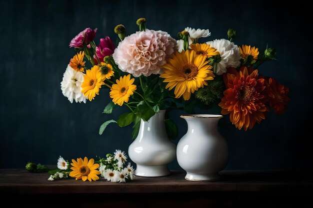 Foto witte vazen met bloemen erin en een heeft een grote, roze, gele en witte bloem.