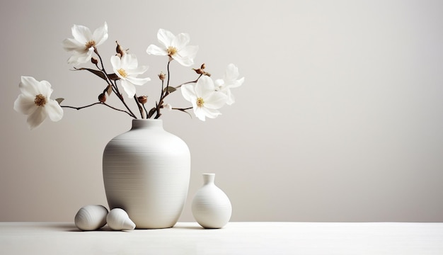 Witte vazen met bloemen in lichte kleuren in de stijl van een ansichtkaart met een plaats voor tekst