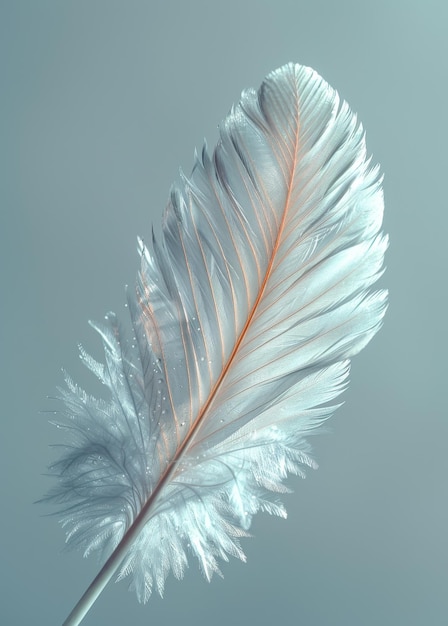 Witte veer tegen blauwe achtergrond Een enkele witte veer met een zwakke roze tint staat tegen een blauwe agtergrond
