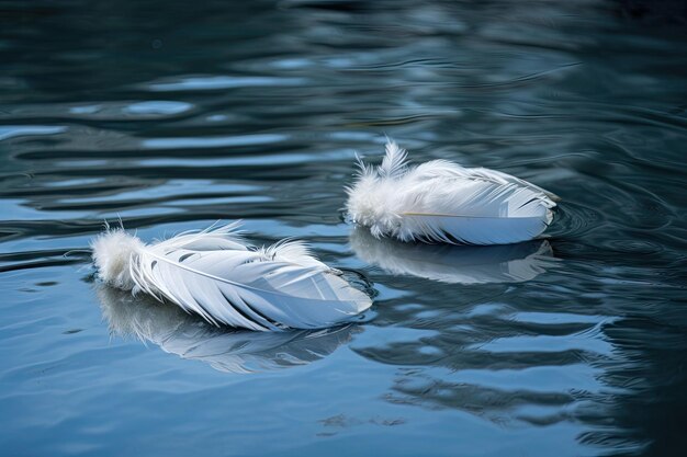 Witte veren drijvend op helderblauw water in een rustige omgeving