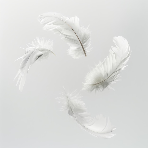 Witte veren vliegen in de lucht geïsoleerd op een witte achtergrond