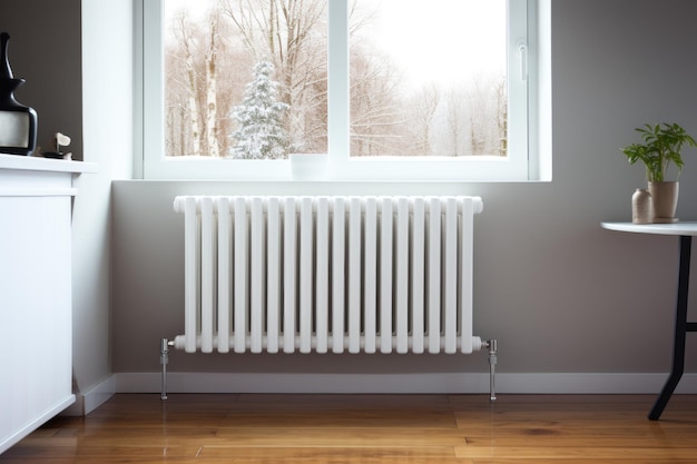 Foto witte verwarmingsradiator bij het raam met een winterlandschap