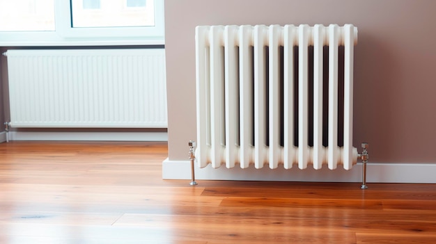 Witte verwarmingsradiator op houten vloer met witte deken Generatieve AI