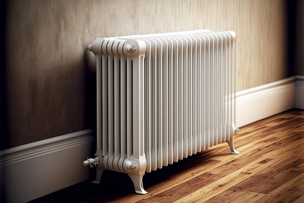 Witte verwarmingsradiator op pootjes op houten vloer