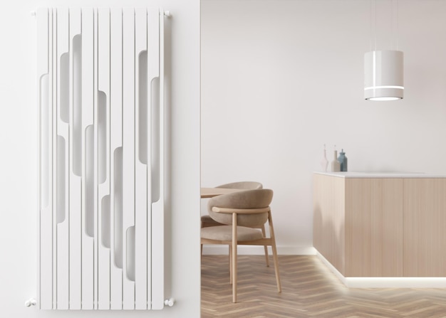 Witte verwarmingsradiator op witte muur in moderne kamer Interieur Mooie designradiator Centrale verwarming Verwarming wordt duurder Energiecrisis 3D-rendering