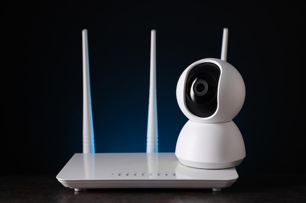 Witte videobewakingscamera met WiFi-router.