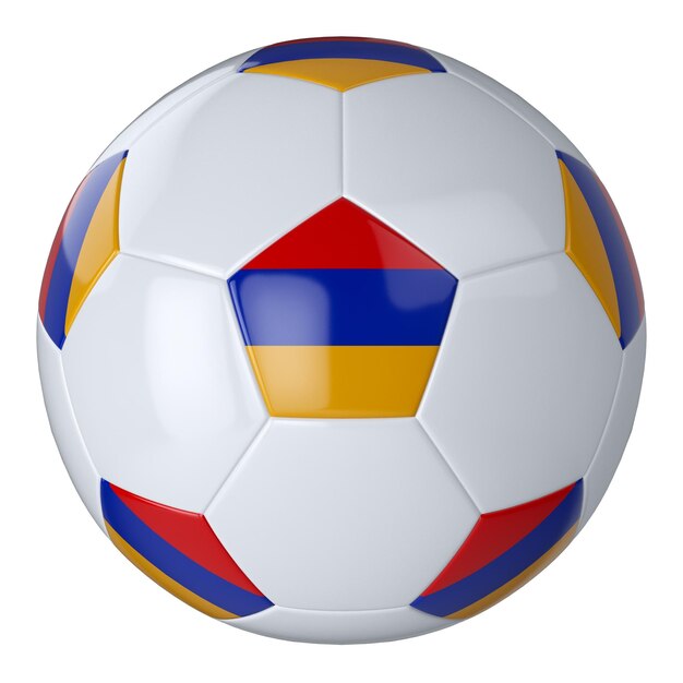 Witte voetbal bal met vlag van Armenië op een witte achtergrond Geïsoleerde lederen voetbal Klassieke witte bal met patches Vlaggen van landen 3D illustratie