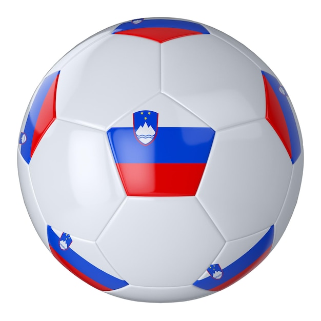 Witte voetbal bal met vlag van Slovenië op een witte achtergrond Geïsoleerde lederen voetbal Klassieke witte bal met patches Vlaggen van landen 3D illustratie